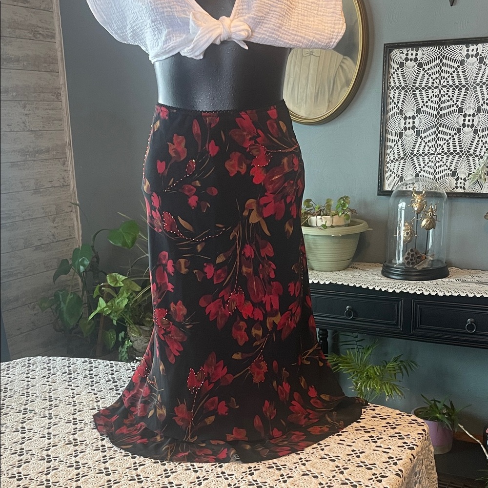 JM Collection Black and Red Floral Midi Skirt